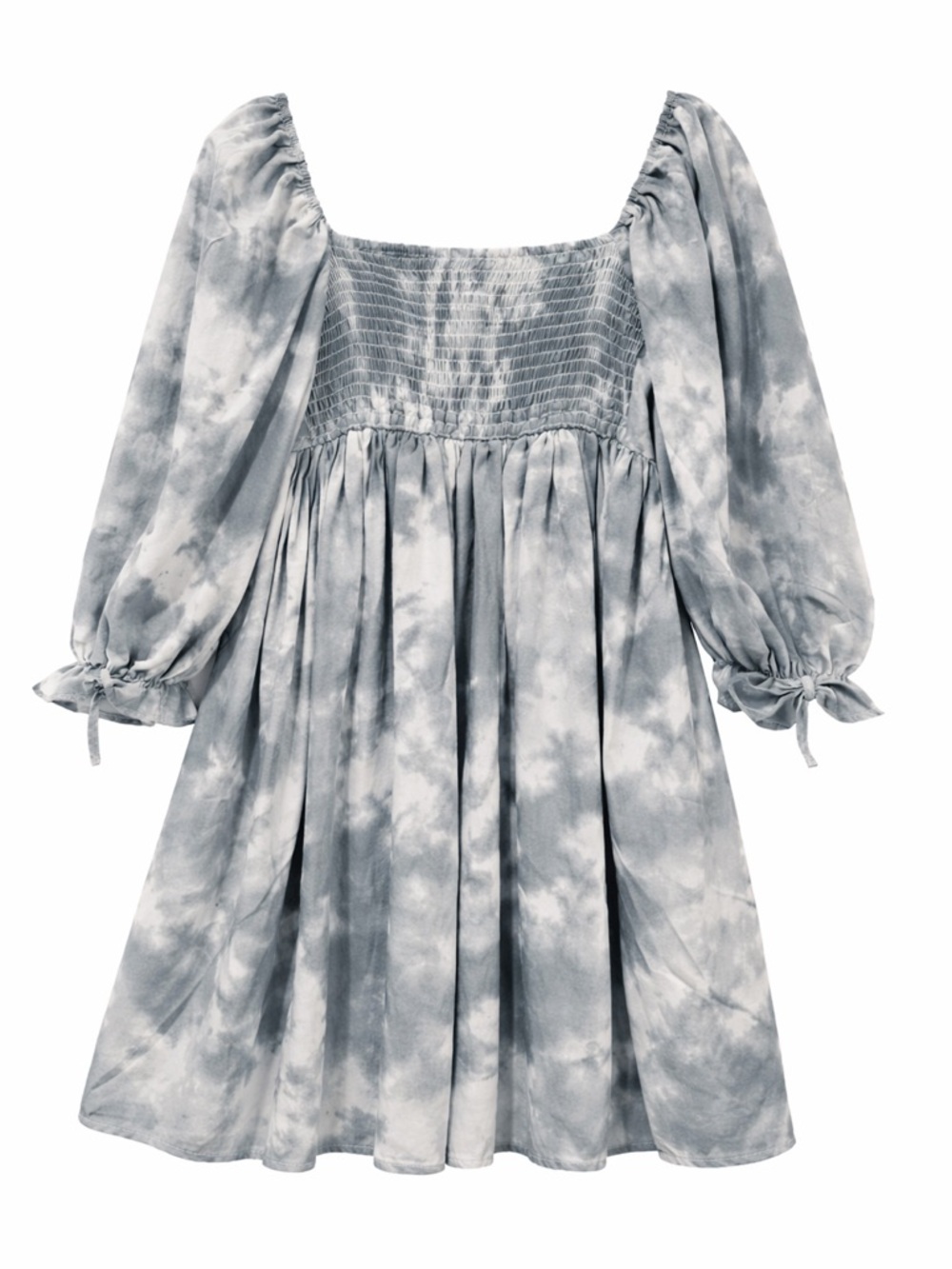 Puff Sleeve Gray and White Tie-Dye Festival Dress Knee-Length with Half Sleeves - Picture 4 of 4